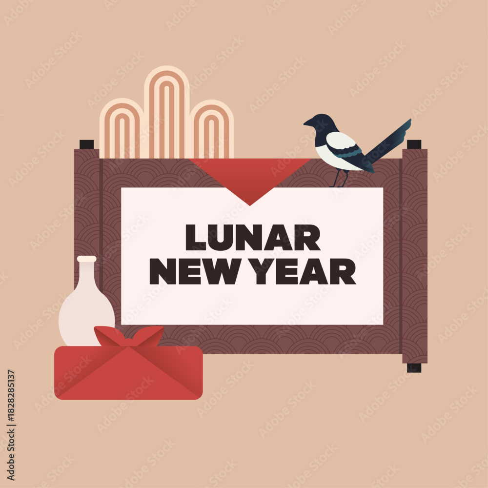 Φωτογραφία Luna New Year commemorative graphic featuring a scroll, magpie, and gifts