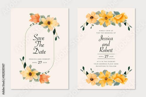 Wedding invitation yellow orange floral watercolor