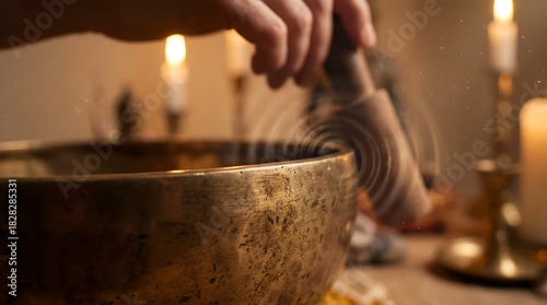 Close-up of a person using a singing bowl for sound healing and meditation with candles