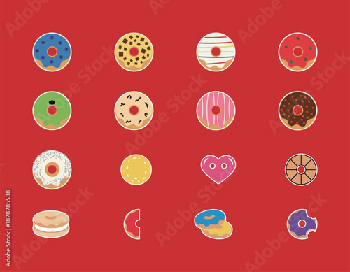Assortment of sweet donut and doughnut vector stickers collection. Various colorful glazed, frosted, topped, and whole donuts with different toppings and heart shape icons.