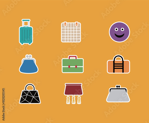 Travel, business, and personal accessory vector sticker collection. Suitcase, calendar, smiley face, purses, briefcase, and duffel bag cartoon icons set.