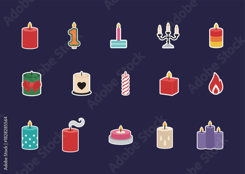 Decorative wax candle and flame vector stickers set. Various shapes, sizes, colors, and styles of candles including birthday, Christmas, and candelabra icons collection.