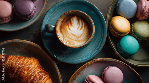 Overhead View of a Perfect Latte Art in a Teal Cup Surrounded by a Crispy Croissant and Assortment of Colorful Macarons on Dark Slate Surface