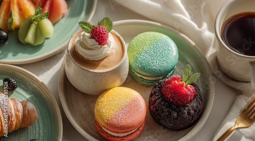 Aesthetically Pleasing Morning Dessert Spread Featuring Colorful Macarons, Whipped Cream Mousse, and Fresh Fruit Platter with Coffee in Bright Light