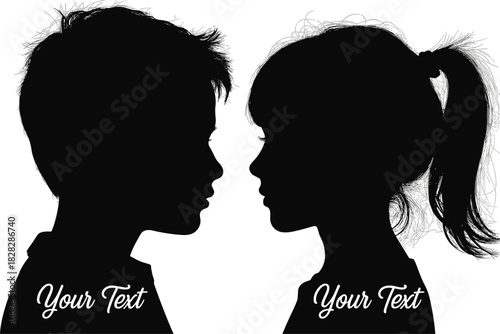 Black silhouette profile of boy and girl facing each other with text space child