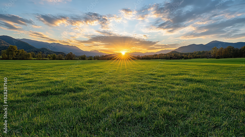 Fototapeta premium Sunrise field mountain sky grass meadow sunbeam calm horizon