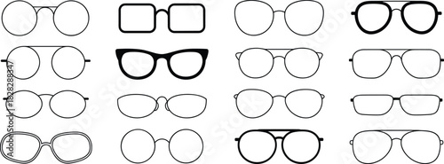 Eyeglass frame icon set, 16 black vector outlines in various styles including round, square, cat-eye, perfect for fashion, optical, design