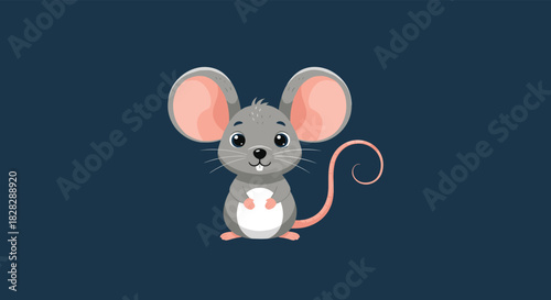 An adorable little gray mouse with large pink ears and a playful curly tail smiles cheerfully on a solid blue backdrop.