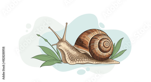 A detailed illustration of a garden snail with its brown spiral shell and extended eyestalks, resting on green leaves against a soft blue background.