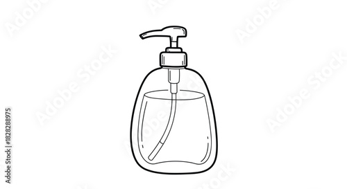 Minimalist line art drawing depicting a transparent bottle with a pump dispenser, containing liquid soap or sanitizer, on a white background.