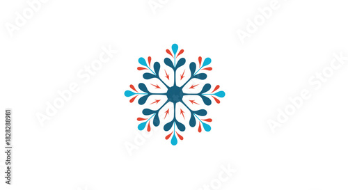 A colorful and modern stylized snowflake or floral design with six symmetrical points, featuring blue, teal, and red elements, subtly adorned with inward-pointing arrows.