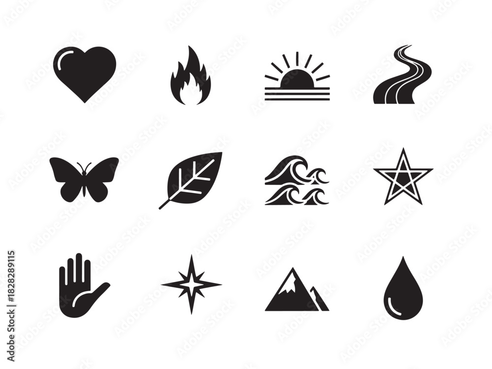 Fototapeta premium Bold Change Icons. Personal Change silhouette icon set: heart, flame, sunrise, path, butterfly, leaf, wave, star, open hand, spark, mountain, droplet.