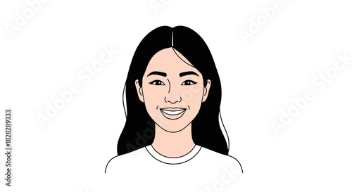 Smiling young woman with dark hair illustration, representing joy and authenticity in a minimal