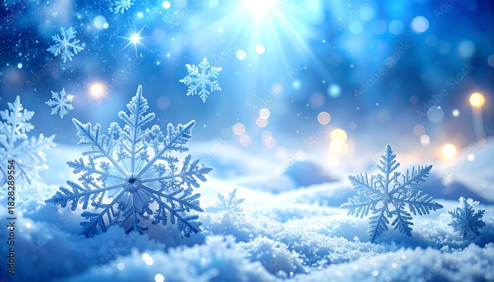 Winter holiday New Year scene with frosty textures, icy blue glow, delicate crystal snowflakes, magical atmosphere, high-resolution