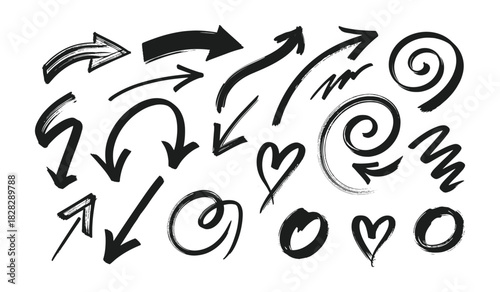 Set of hand painted brush stroke arrows hearts and swirls Keywords: arrows, hearts, swirls, brush strokes, hand painted, drawing, sketch, graphic, illustration, design elements, symbols, icons