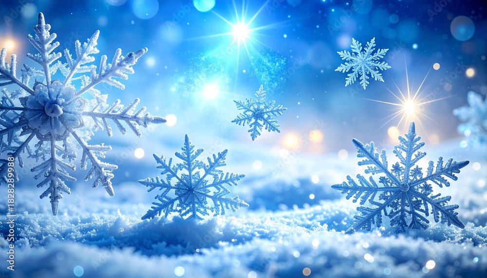 Winter holiday New Year scene with frosty textures, icy blue glow, delicate crystal snowflakes, magical atmosphere, high-resolution