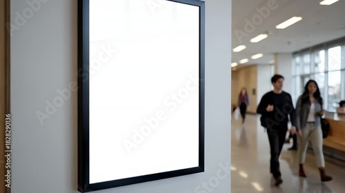 Blank Poster Displayed in a Modern Office Building Hallway with People Walking By.