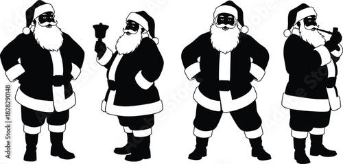 Set of Four Black and White Santa Claus Silhouettes in Various Poses, Holding Bell or Pipe, Isolated on White Background for Christmas Holiday Icons and Vector.