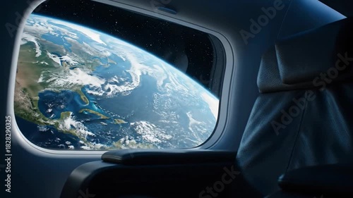 A dramatic perspective of the deep blue planet earth is seen through a spacecraft window, highlighting an awe-inspiring cgi view from orbit.