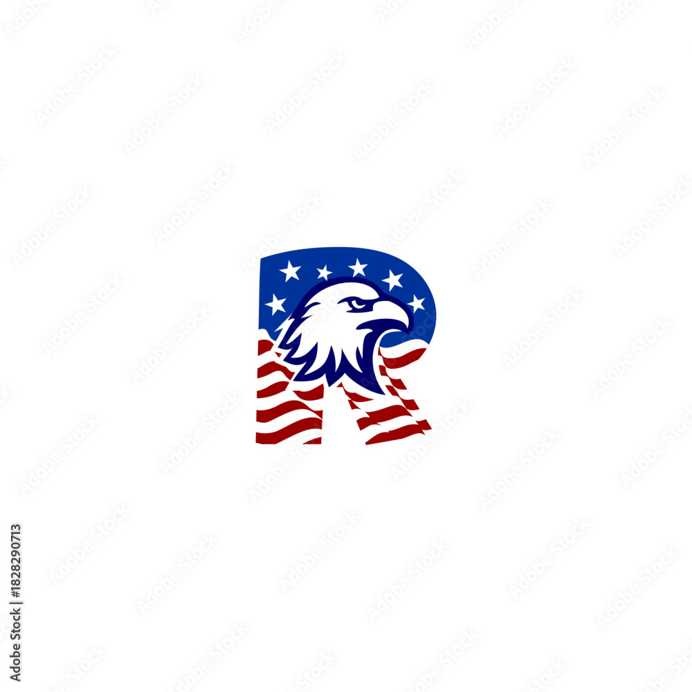 Naklejka premium A bold eagle logo combined with the American flag, creatively shaped into an alphabet letter. Perfect for patriotic branding, sports teams, badges, military symbols, and strong national identity