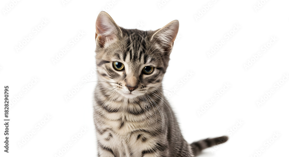 Obraz premium Cute tabby kitten portrait isolated on white background looking down