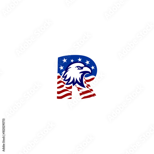 A bold eagle logo combined with the American flag, creatively shaped into an alphabet letter. Perfect for patriotic branding, sports teams, badges, military symbols, and strong national identity