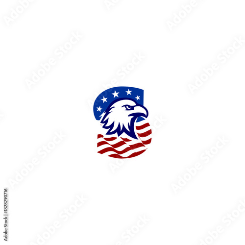 A bold eagle logo combined with the American flag, creatively shaped into an alphabet letter. Perfect for patriotic branding, sports teams, badges, military symbols, and strong national identity