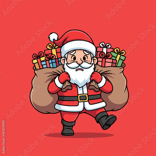 Cartoon illustration of Santa Claus carrying a heavy sack full of Christmas presents.