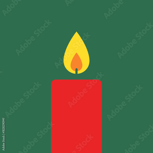 A simple graphic illustration of a red candle with a bright yellow and orange flame against a solid dark green background.