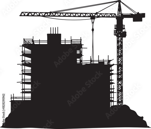 Black silhouette of a construction crane and building with scaffolding