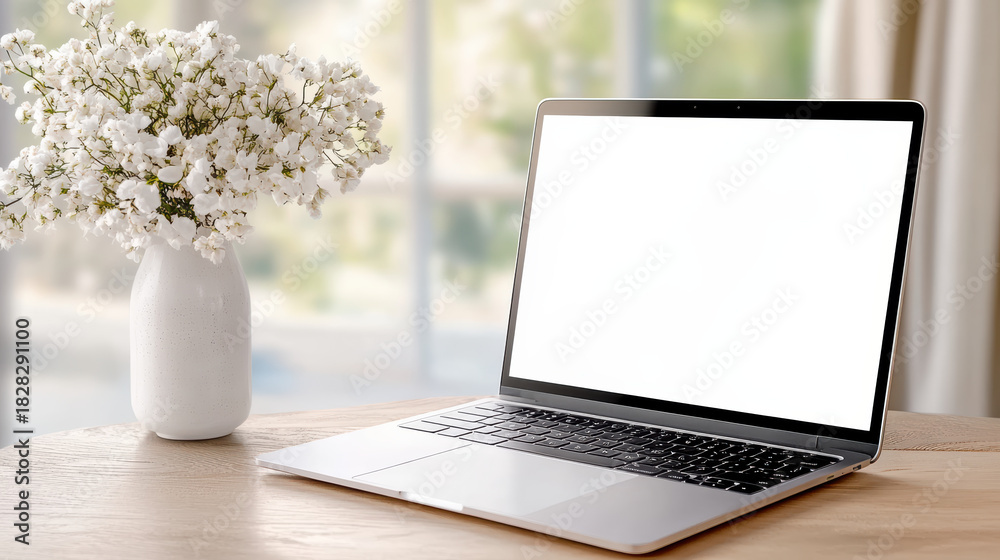 Fototapeta premium Silver laptop with blank bright screen on wooden table near white flower vase