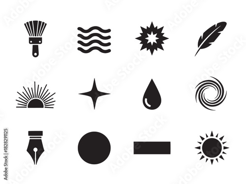 Brutalist Icon Set. Creative Flow silhouette icon set: brush, wave, spark, feather, light beam, star, droplet, swirl, pen, circle, line, glow
