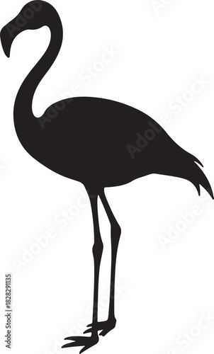 Black silhouette of a flamingo standing on white background