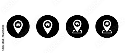 Home location pin icon set in black circle. Real estate, house address, and property map symbol