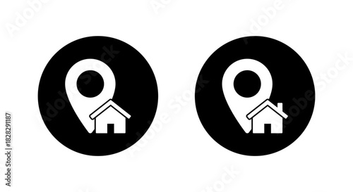 Home location pin icon in black circle. House address marker symbol