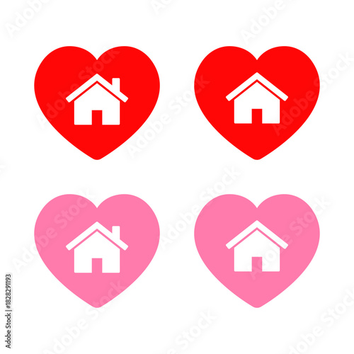 House icon in red and pink heart. Home care and family love symbol