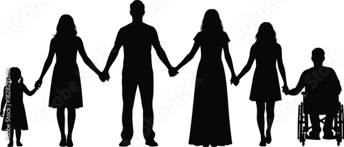 Diverse multi-generational family silhouette holding hands, including a child, adults, and a man in a wheelchair, representing inclusion, unity, support, and disability awareness.