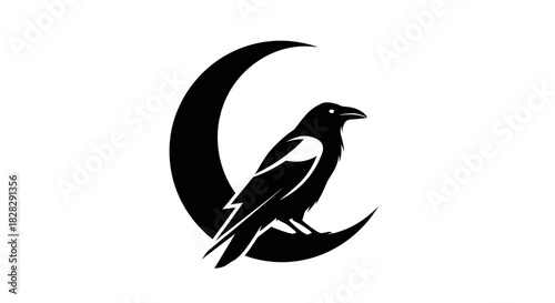 Black silhouette of a raven perched on a crescent moon against a white background.