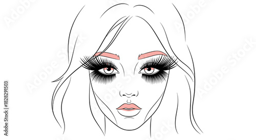 Elegant female portrait with dramatic eyelashes and clean line art style illustration