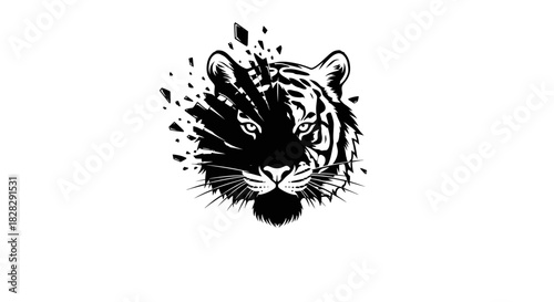 Black and white illustration of a tiger's face with paint splatters on a white background.