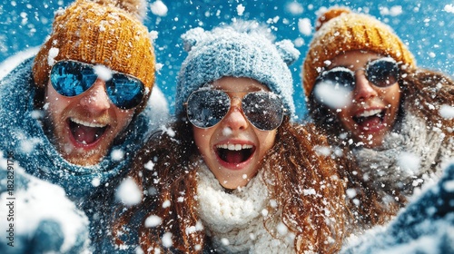 Happy people wearing winter hat and sunglasses enjoying snowy weather throwing snowballs together outdoors