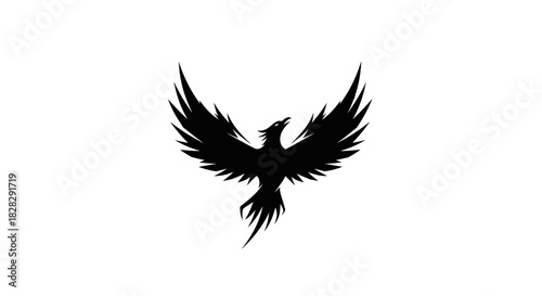 Black silhouette of a bird in flight against a white background.