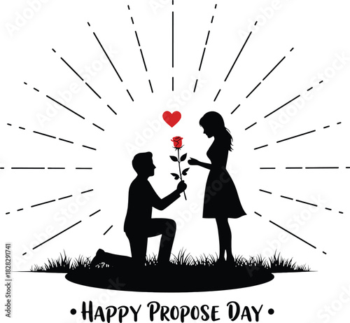 Silhouette Couple Proposing with Rose on Happy Propose Day with Sunburst on White Background Keywords: couple, silhouette, man, woman, proposal