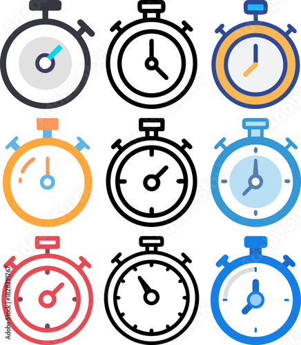 Stopwatch timer countdown clock icons set for sports tracking vector