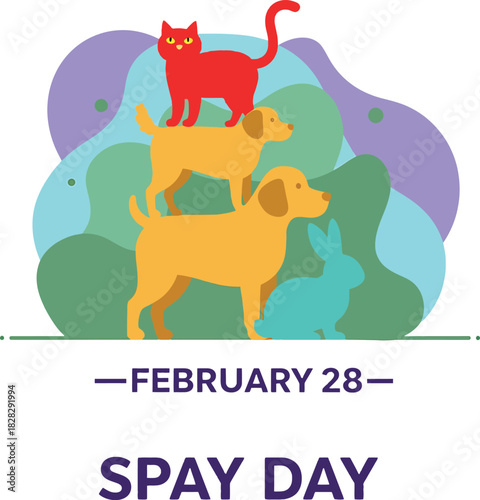 Spay Day February 28th with Stacked Animals and Abstract Shapes spay and neuter pet adoption