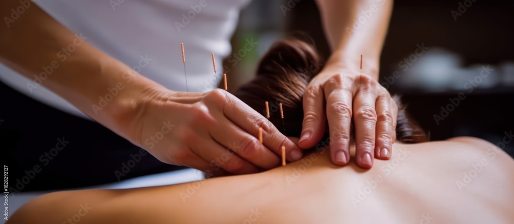 Obraz premium Close-up of hands performing acupuncture on a persons back.