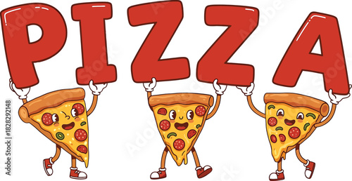 Three Cartoon Pizza Slices Holding Up Red Letters Spelling PIZA Keywords: pizza, food, cartoon, slices, letters, red, holding, characters, happy