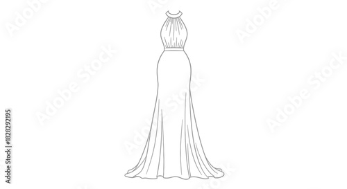 Elegant halter neck gown illustration, flowing silhouette for fashion and design, chic apparel