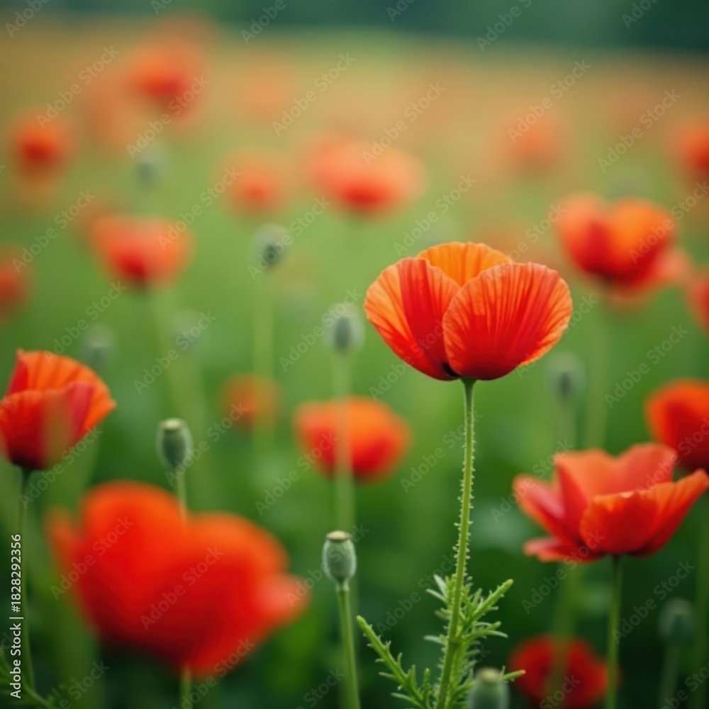 Obraz premium Close-up, delicate poppies amidst wildflowers, close-up, stock photo