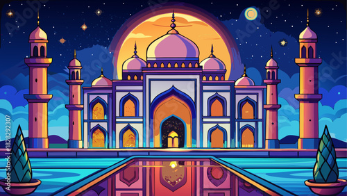 Taj mahal at night with moon and starry skies